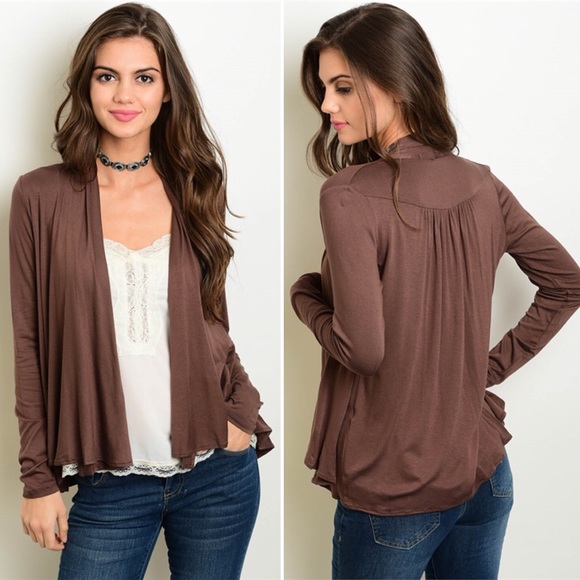 Hourglass Lilly Sweaters - Brown Open Front Waterfall Cardigan